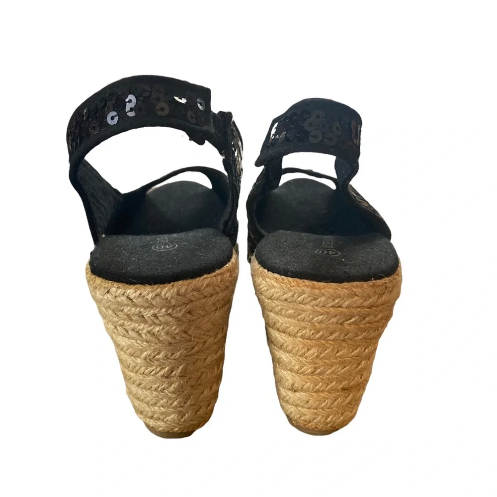 Ilse Jacobsen Size 40US Size 9.5-10 Black Danish Made Sequined Espadrille Wedges